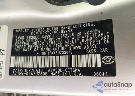 2014 Toyota Camry Xle z USA, uszkodzony, nr VIN 4T1BF1FK4EU739079